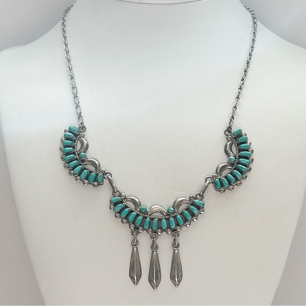 Vintage Bill & Lou Zuni Petit Point Turquoise Sterling Silver Necklace